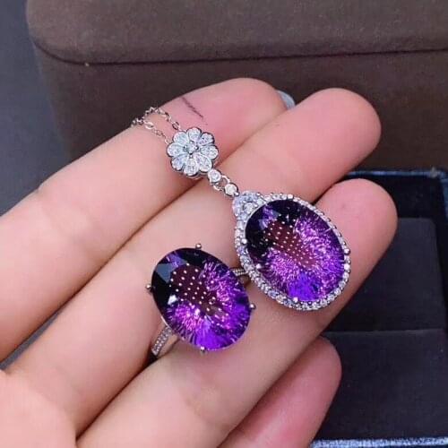 Best Gift Natural Real Natural And Real Amethyst Set 925 sterling silver Fine jewelry 1pc Ring,1pc Pendant