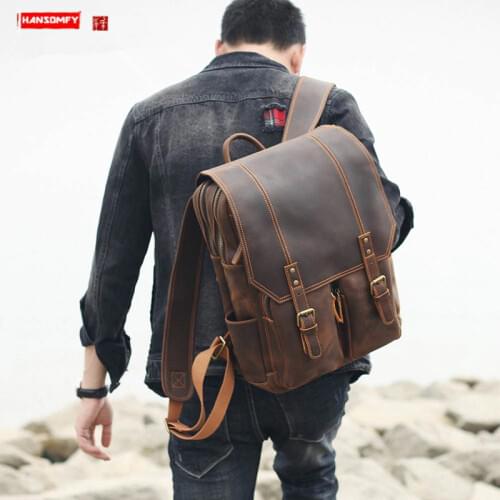 Retro large capacity crazy horse leather backpack Men computer bag first layer cowhide travel backpack leather school backpacks