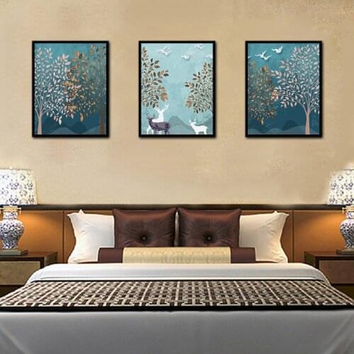 Forest Deer Birds Abstract Art Canvas Painting Living Room Bedroom Cafe Internet Nordic Style Wall Art Pictures