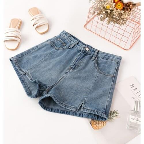 New Summer Retro Woman High Waist Denim Short Casual Pocket Button Decorate Solid Vent Jeans Shorts