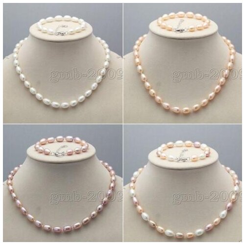 Genuine 7 - 8mm Natural Oval Akoya Freshwater Rice Beaded Necklace Bracelet Set >>> women jewerly Free shipping