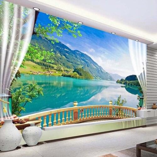 Custom 3D Photo Wallpaper Balcony Window Blue Sky White Clouds Lake Forest Scenery Living Room Sofa TV Backdrop Mural Wall Paper