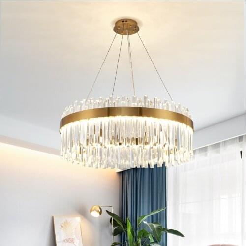 Luxury Foyer Round Brush Gold Steel Led Dimmable Pendant Lights Lustre K9 Crystal Hanging Lamp Led Pendant Lighting Fixtures