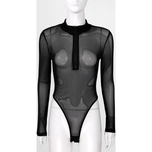 Mesh Bodysuit Women Bodycon Long Sleeve See-Through Fashion Streetwear Skinny Jumpsuit Mock Neck Zipper High Cut Leotard Catsuit