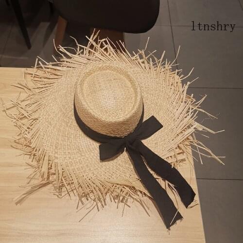 Summer Handmade Natural Raffia Straw Hat Girl Panama Wide Brim Black cotton ribbon Sun Hats Beach Vacation Holiday Straw Caps