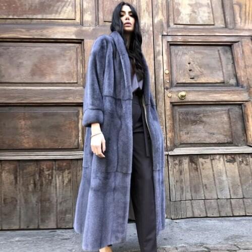 Winter Fashion Real Mink Fur Coats Outwear 120cm Long Natural High Quality Mink Fur Coat Lapel Collar Genuine Fur Overcoat Woman