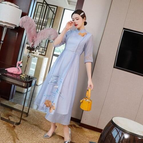 Improved cheongsam ancient dress summer dress waist Chinese style Zen womens tea dress Zen women
