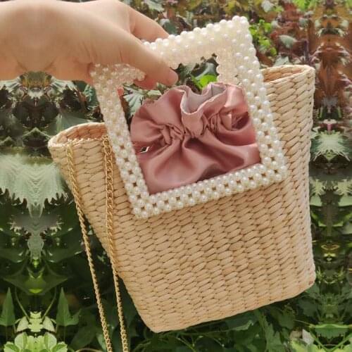 Pearl hand-woven straw tote bag summer beach vacation travel packages creative rattan bag handbag