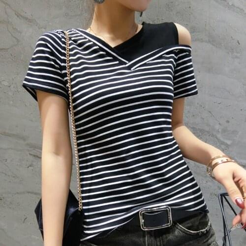 Blusas Mujer De Moda 2021 Striped T Shirt Women Cotton Summer Tops Korean Short Sleeve T-shirt Woman Clothes Tee Shirt Femme