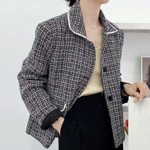 Woman Jacket 2021 Korean Fashion Autumn Elegant Commute Bordered Lapel Plaid Two Buttons Loose Wild Long-sleeved Tweed Jackets