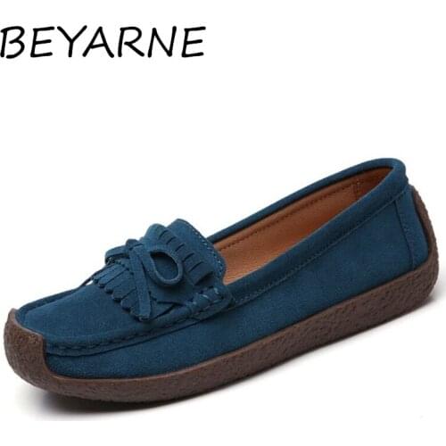 BEYARNE new autumn women moccasins Suede shoes leather casual moccasins Slip Woman Shoes Pu tassel pendant Casual Shoes Woman