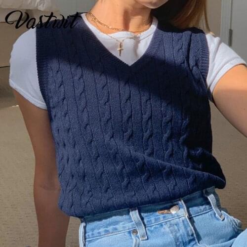 Women V Neck Sweater Twist Knitted Vest Tops Spring Vintage Y2k Aesthetic School E-Girl Preppy Style Harajuku Pullovers Crop Top