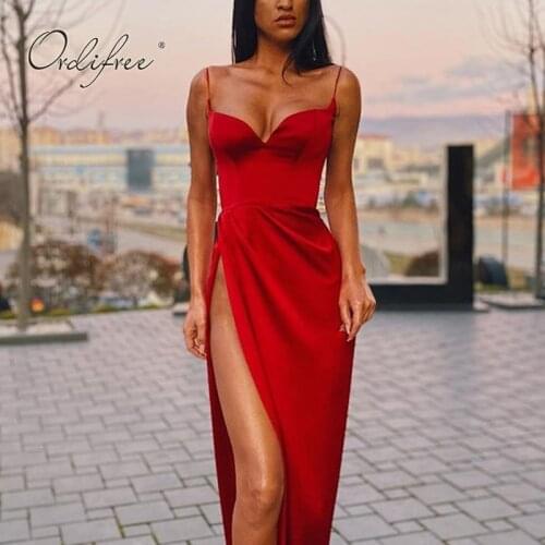 Ordifree 2021 Summer Women Sexy Party Dress Spaghetti Strap Silk Red Black Split Long Satin Dress