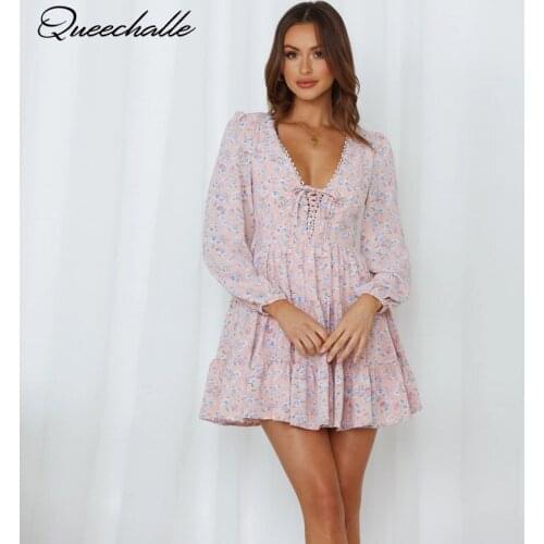 Bandage Deep V Neck Print Dresses for Women 2021 Autumn Casual Long Sleeve Empire Floral Boho Dress A-line Party Sundress Pink