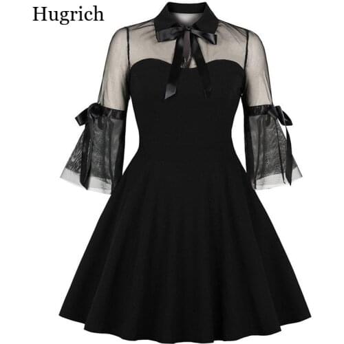 Women Gothic Lace Mini Dress Sexy See Through Flare Sleeve 2021 Summer Female Party Vintage Casual Short Black Mesh Goth Dresses