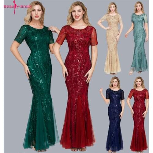 Beauty Emily New Style O Neck Short Sleeve Mermaid Evening Dress 2020 Romantic Sequined Pleated Formal Party Dress Real Photo
