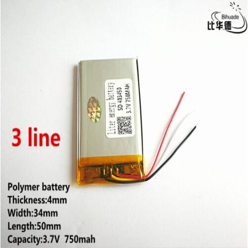 10pcs/lot 3 line Good Qulity 3.7V,750mAH,403450 Polymer lithium ion / Li-ion battery for TOY,POWER BANK,GPS,mp3,mp4