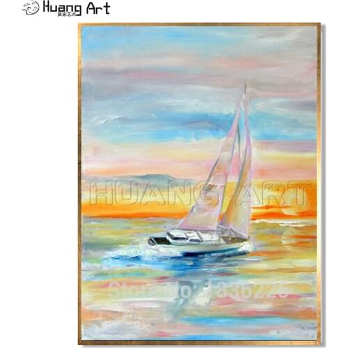 100% Hand-painted Boat Art Seascape Oil Painting for Home Decor Handmade Sunrise Sea Landscape Oil Painting Wall Picture