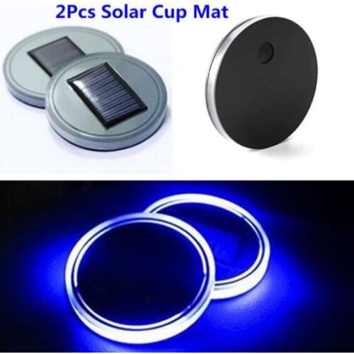 2 Pieces Solar Cup Holder Bottom Pad Mat Blue LED Light Trim For All Cars Truck SUV