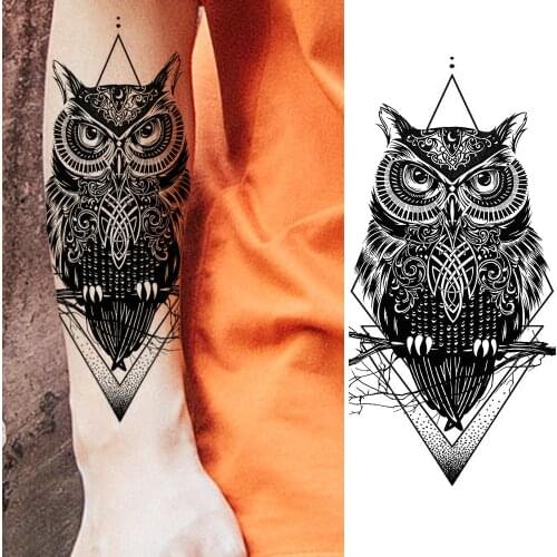 Black Geometric Owl Temporary Tattoos Fake Totem Animal Tatoos For Adult Fashion Body Art Painting Arm Tatoos Sticker Decoration