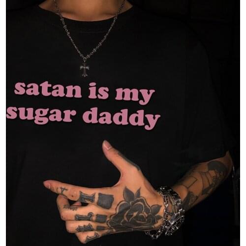 Aesthetic Satan Is My Sugar Daddy Harajuku Mens Clothing T-shirt Summer Fashion Casual Tee Streetwear Cute Oversized Tops Male
