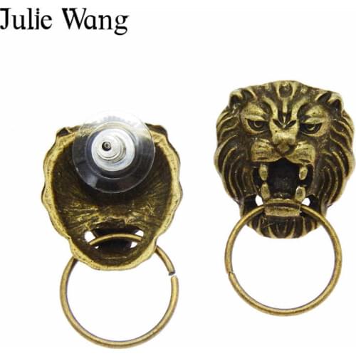 Julie Wang 2-16PCS Alloy Antique Bronze Lion Head Animal Stud Earrings With Ear Plugs Men Women Vintage Rock Punk Jewelry