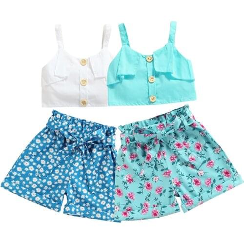 Infant Kids Suit Set, Summer Solid Color V-Neck Camisole+ Flower Print Shorts+ Waist Belt, White/Blue, 2-7 Years