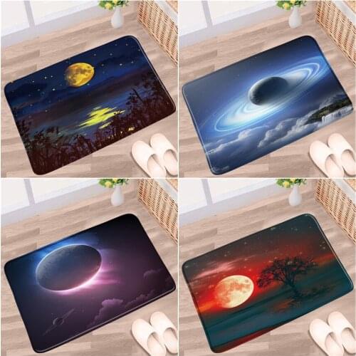 Universe Starry Sky Moon Bathroom Mat Tree Bird Oil PaintingSunset Scenery Non-Slip Rug Bedroom Kitchen Doorway Aisle Carpet Pad