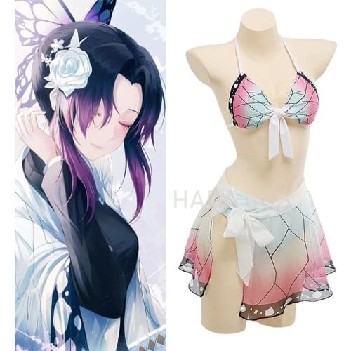 Anime Demon Slayer Swimsuit Kochou Shinobu Cosplay Costume Woman Bikini Beach Swimsuit Set Summer Swimwear Bathing Suit for Girl