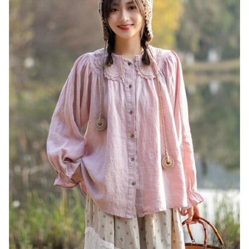 Lamtrip Unique Cotton Linen Petal Peter Pan Collar Long Sleeve Loose Plus Size Shirt Blouse 2021 Summer