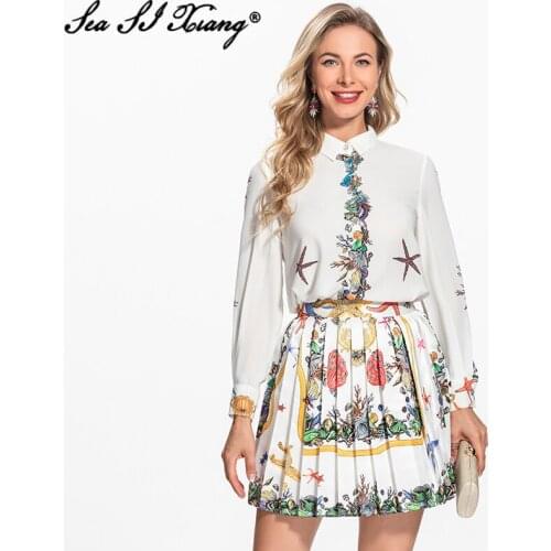 Seasixiang Fashion Designer Early Autumn Suit Women Turn-down Collar Long Sleeve Shirt + Pleated Mini Skirt Print Two-Piece Set