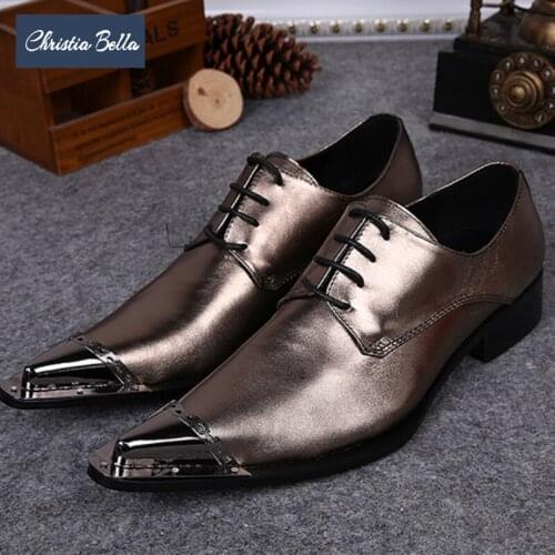 Christia Bella Metallic Color Men Dress Shoes Party Business Genuine Leather Men Oxfords Shoes Pointed Toe Lace Up Dress Shoes