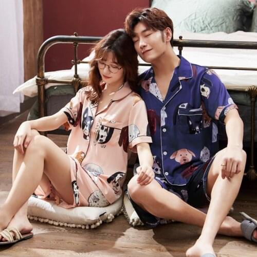 Couple Silk Satin Pajamas Pyjamas Set Shgort Sleeve Sleepwear Pijama Pajamas Suit Women & Man Sleep 2PC Set Loungewear Plus Size