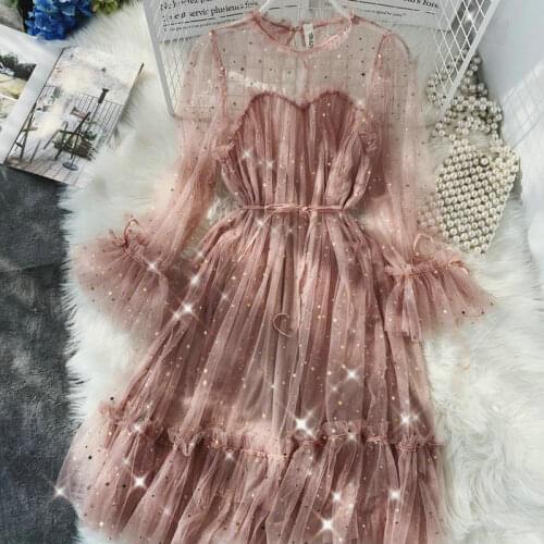 2021 New Female O-neck Stars Sequined Mesh Shiny Fairy Dress Women Elegant Bling Gauze Princess Puff Dresses Vestidos De Fiesta
