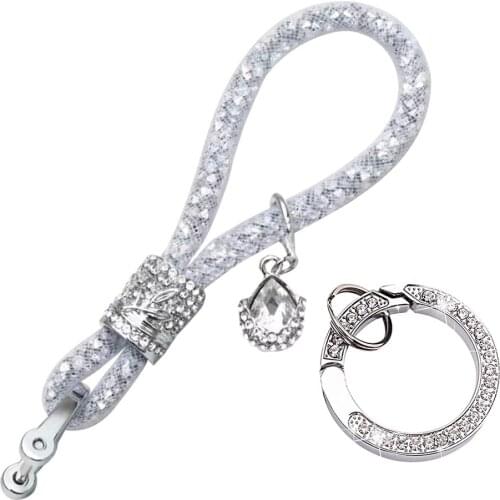 New Car Keychain Bling Car Accessories Shiny Rhinestones Crystal With D-Ring Alloy Key Chain Rope Jewelry For Women Girl Gift