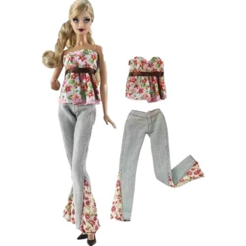 1/6 BJD Doll Clothes Off Shoulder Floral Top Jeans Pants Denim Outfits For Barbie Clothes Set 11.5" Dolls Accessory Kids DIY Toy