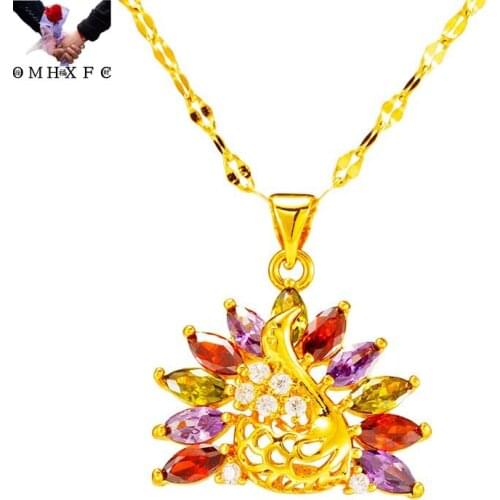 OMHXFC Wholesale PN583 European Fashion Fine Woman Girl Party Birthday Wedding Gift Peacock AAA Zircon 24KT Gold Pendant Charm