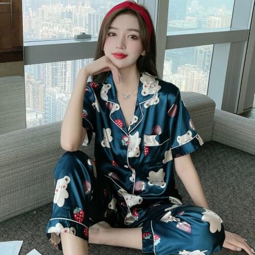 Women Silk Satin Pajamas Set Short SleeveTrousers Pajamas Button-Down Printing Sleepwear Loungewear Suit Female Pyjamas Mujer