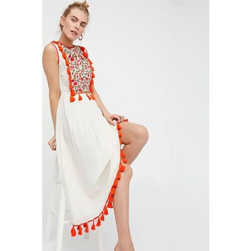 Elegant kiara Maxi Dress Women Summer Sleeveless O neck Embroidery Tassel Dress Ladies Boho Hippie Beach White Long Dress 2018