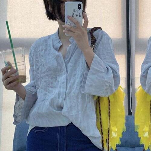 Bubble blue vertical stripe top natural comfort skin color shirts 0904-9