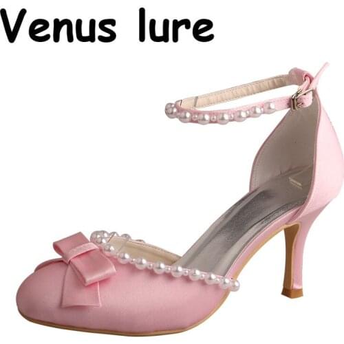 Custom Handmade Pink Birthday Shoes on Heels with Round Toe Pearl Straps
