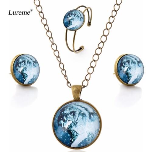 Lureme Bronze Glass Time Gem Cool Wolf Stud Earrings Necklace Bangle Jewelry Set for Women (js000728)