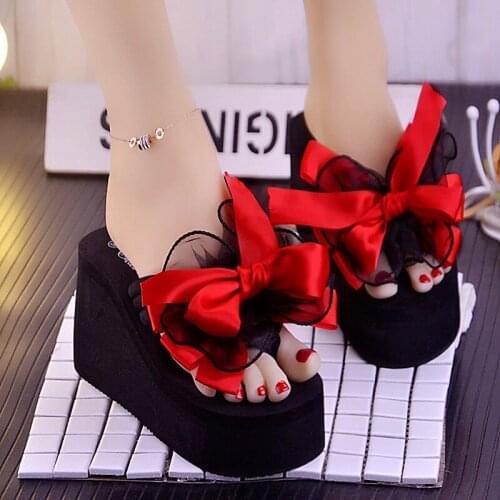 Summer new 2020 new trend high-heeled non-slip beach shoes fashion seaside holiday ribbon bow flip-flops female slippers