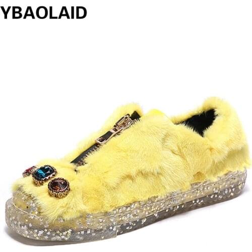Rhinestone Mink Shoes for Fall/winter 2021 New Square-toe Metal Zipper One-pedal Mink Fur Flat-bottomed Plus Velvet Cotton Shoes