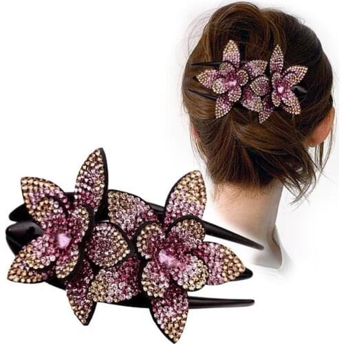 Rhinestone Hairpin Double Flower Hair Clip Crystal Combs Beads Hairgrip Accessories Tools For Women Shinning Ponytail Headwear