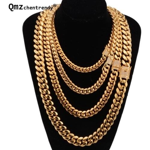 Hip hop 8/10/12/14mm Cuban Miami Chain Necklace Stainless steel Rhinestone Clasp Iced Out Gold Casting Chain Men Women Jewelry