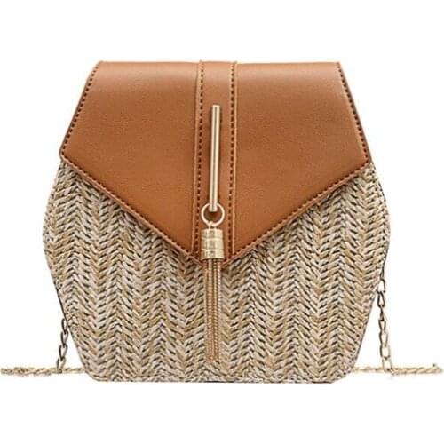 Women Summer Rattan Bag Handmade Woven Beach Circle Bohemia Shoulder Bag Mulit Style Straw+Leather Handbag