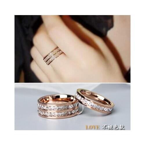 Top Quality Rose Gold color Titanium Steel Double Rows Full Rhinestone Bling Bling Women Rings / Fashion Crystal Rings