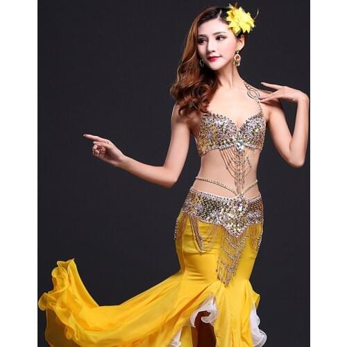 Lady women Belly Dance Performance Oriental Dancewear 3pcs Outfit Bra Belt Skirt Long Beads Costume Bellydance Professional