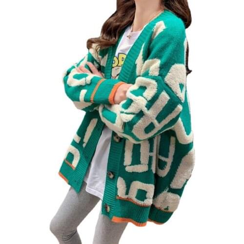 New Womens Casual Sweater Cardigan Applique Oversized Sweater Jacket Long Sleeve Letter Cardigan Womens Knitted Jacket